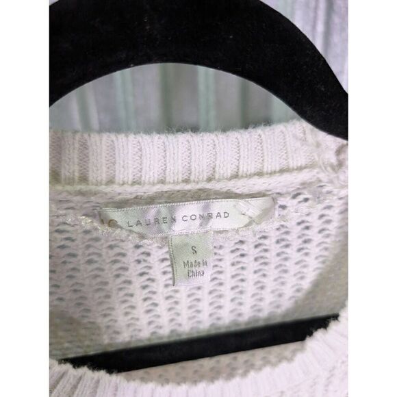 LC Lauren Conrad LACE PIECED OPEN STITCH SWEATER, Floral Lace Inset Ivory Women' - Picture 3 of 4